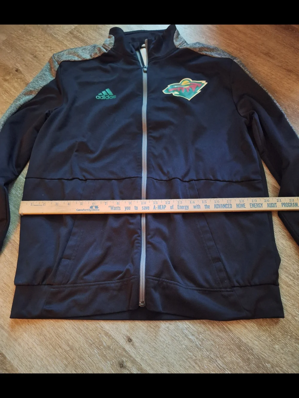 Adidas NHL Black Track Jacket with Green Logo and Multicolor Team Patch MN WILD